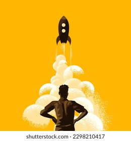 Blast off! A man stands and watches as a rocket launches into space. Startup and achievement vector illustration concept.