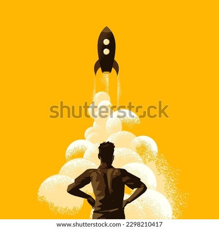 Blast off! A man stands and watches as a rocket launches into space. Startup and achievement vector illustration concept.