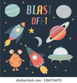 Blast off is a an outer space set, with spaceships, rockets, planets and an alien, 10 vector illustrations.