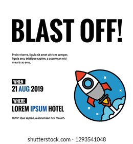 Blast Off Space Theme Party Invitation Design with Where and When Details