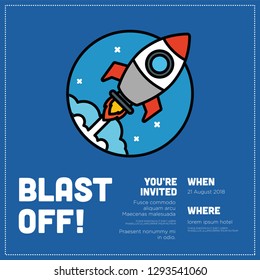 Blast Off Space Theme Party Invitation Design with Where and When Details
