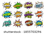 Blast sounds, comic pop art bubble, vector superhero cartoon speech. Comic book sound blasts set, bang and boom, hero action explosion and text cloud icons, omg, yeah, hi and wow halftone explodes