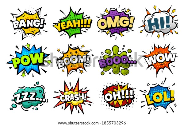 Blast sounds, comic pop art bubble, vector\
superhero cartoon speech. Comic book sound blasts set, bang and\
boom, hero action explosion and text cloud icons, omg, yeah, hi and\
wow halftone explodes