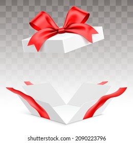 Blasted open white gift box with red ribbon, isolated on transparent background. Surprise giftbox with empty space, vector illustration.