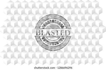 Blasted realistic grey emblem with geometric cube white background