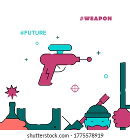 Blaster, icono vectorial de línea con cañón de haz, ilustración simple, borde inferior relacionado.