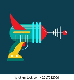 Blaster in cartoon style. Space laser or ray gun. Plastic weapon for kids. Cosmic army raygun for space games. Child futuristic toy. Vector illustration on dark background.