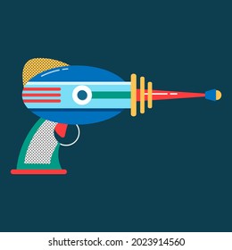 Blaster al estilo de las caricaturas. láser espacial o pistola de rayos. arma plástica para los niños. Fuego del ejército cósmico para juegos espaciales. Juguete futurista infantil. Ilustración vectorial sobre fondo oscuro.
