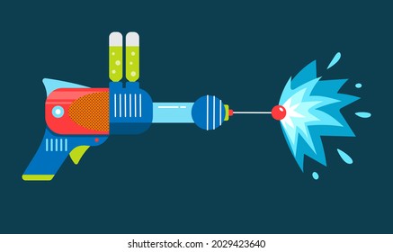 Blaster in cartoon style. Space laser or ray gun. Plastic weapon for kids. Cosmic army raygun for space games. Child futuristic toy. Vector illustration on dark background.