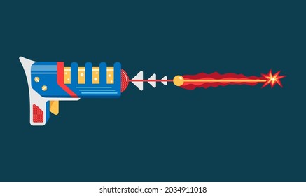 Blaster in cartoon style. Space laser or ray gun. Plastic weapon for kids. Cosmic army raygun for space games. Child futuristic toy. Vector illustration on dark background.