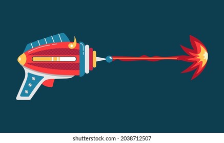Blaster in cartoon style. Space laser or ray gun. Plastic weapon for kids. Cosmic army raygun for space games. Child futuristic toy. Vector illustration on dark background.
