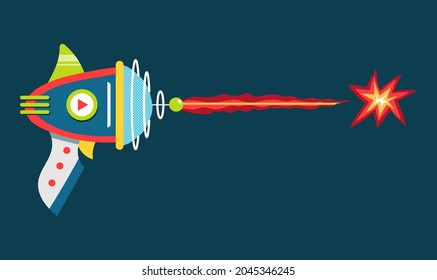 Blaster in cartoon style. Space laser or ray gun. Plastic weapon for kids. Cosmic army raygun for space games. Child futuristic toy. Vector illustration on dark background.