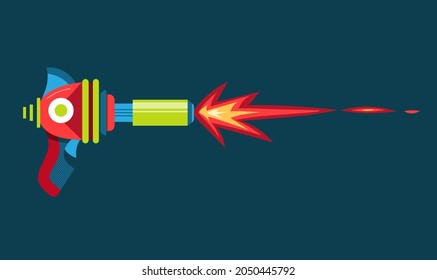 Blaster in cartoon style. Space laser or ray gun. Plastic weapon for kids. Cosmic army raygun for space games. Child futuristic toy. Vector illustration on dark background.