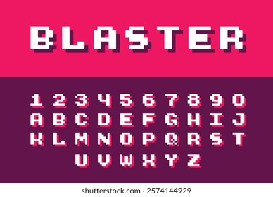 Blaster Font. Retro 8-Bit Typeface. Set of Pixelated Latin Capital Letters and Numbers. Vector Illustration.