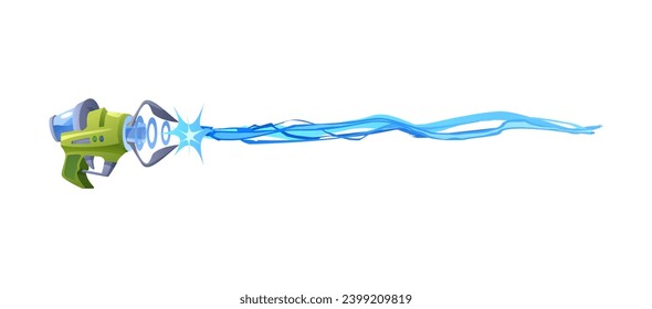Blaster with glowing shoot plasmic beams and rays. Fantasy blaster gun shooting with blue laser beam, cartoon vector illustration isolated. Futuristic alien weapon vfx effect for games or kid toy