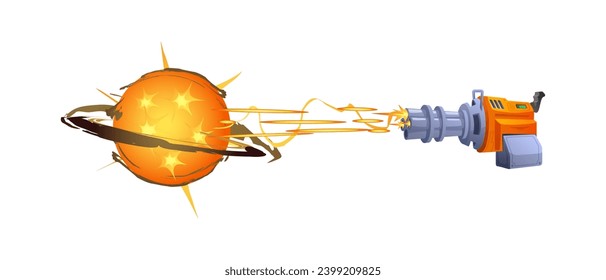 Blaster with glowing shoot plasmic beams. Fantasy laser blaster gun shooting with orange rays with fire ball, cartoon kid toy vector illustration. Futuristic alien weapon vfx effect for games