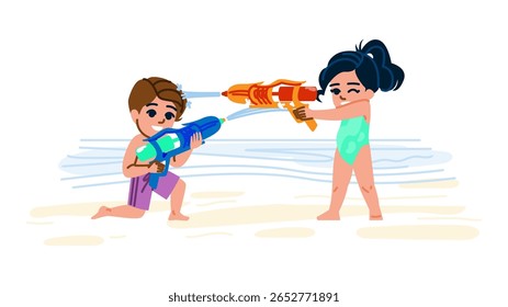blaster garoto arma de água vetor. molhar splash, diversão de verão, jogo ao ar livre blaster criança arma de água personagem. pessoas desenho animado plano ilustração