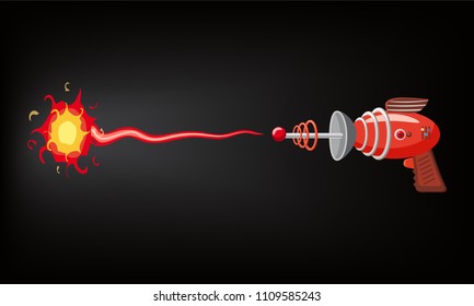 Blaster, laser, gan game, shot ray and flash, vector illustration, cartoon silhouette, red, blue, dark, for games, apps, concept for design