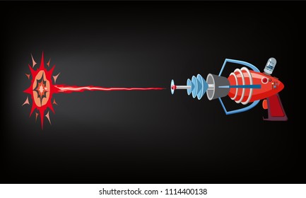 Blaster, laser, gan game, shot ray and flash, vector illustration, cartoon silhouette, red, blue, dark, for games, apps, concept for design