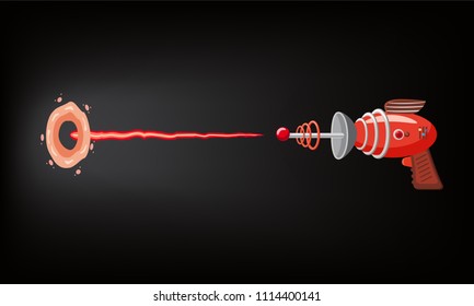 Blaster, laser, gan game, shot ray and flash, vector illustration, cartoon silhouette, red, blue, dark, for games, apps, concept for design