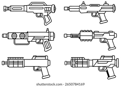 Blaster Line Art Pistola de ciencia ficción detallada para el boceto conceptual