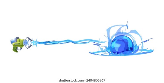 Blaster shooting with plasma and plasmic energy ball. Futuristic fantasy game weapon with shot effect. Cartoon isolated vector illustration.