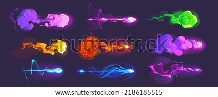 Blaster shot effects with fire, energy and plasma beams isolated on background. Vector cartoon set of alien weapons attack effect with plasma rays, lightning, fireball and flash