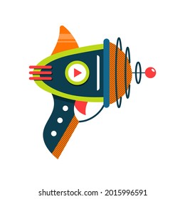 Blaster vector illustration in cartoon style. Kids weapon for space game. Laser and ray gun. Child futuristic toy. Cosmic army raygun. Isolated on white background.