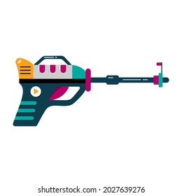 Blaster vector illustration in cartoon style. Kids weapon for space game. Laser and ray gun. Child futuristic toy. Cosmic army raygun. Isolated on white background.