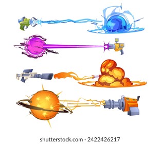 Blasters with fire and explosions, game weapon, set of vector illustration isolated on white. Collection of objects for ui, app and interface. Space blaster guns or laser handguns, cartoon style
