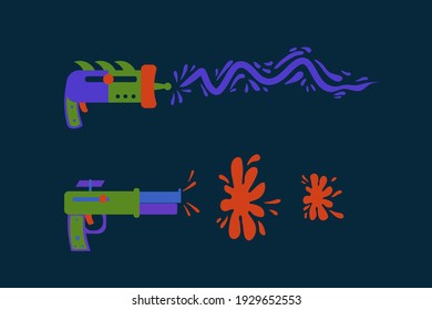 Blasters with laser set. A collection of bright children's game guns. Space game guns for star wars games. Vector illustration