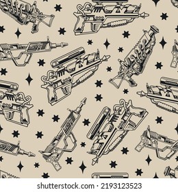 Patrón vintage monocromo sin fisuras con armas fantásticas para batallas espaciales entre habitantes diferentes planetas o invasiones galaxia ilustración vectorial