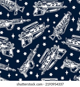 Blasters seamless pattern vintage monochrome weapons charged with space plasma for aliens and inhabitants of planet mars vector illustration
