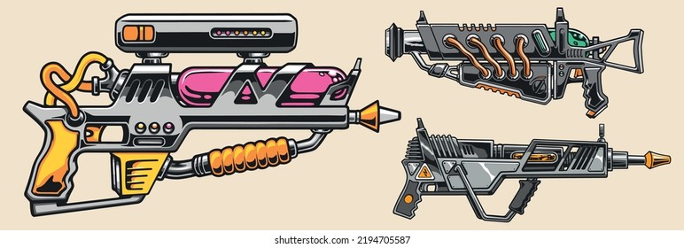 Blasters Set Emblems Vintage Colorful Space Weapons Of Aliens And Inhabitants Of Galaxies Plasma Guns For Stellar Warriors Vector Illustration