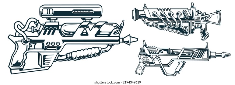 Blasters set monochrome emblems vintage plasma weapons for space dwellers or aliens from another universe futuristic science fiction vector illustration