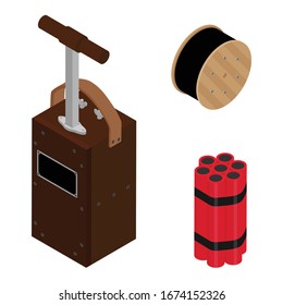Blasting Machine or detonator box, dynamite sticks and black wire electric cable reel isolated on white background isometric view vector set. Caution explosive. 