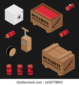 Blasting Machine Or Detonator Box, Safe, Dynamite Sticks And Black Wire Electric Cable Reel Isolated On White Background Isometric View Vector Set. Caution Explosive. 