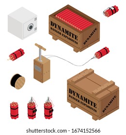 Blasting Machine Or Detonator Box, Safe, Dynamite Sticks And Black Wire Electric Cable Reel Isolated On White Background Isometric View Vector Set. Caution Explosive. 