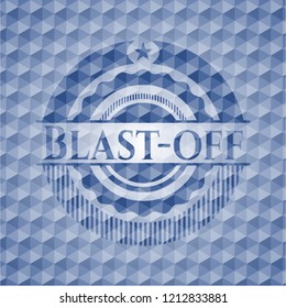 Blast-off blue emblem with geometric background.