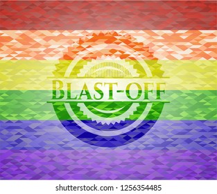 Blast-off emblem on mosaic background with the colors of the LGBT flag