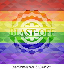 Blast-off emblem on mosaic background with the colors of the LGBT flag