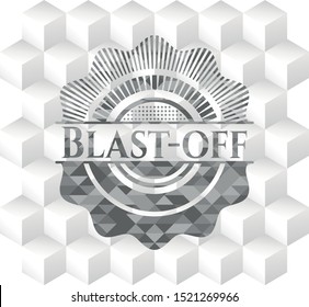 Blast-off grey emblem with geometric cube white background