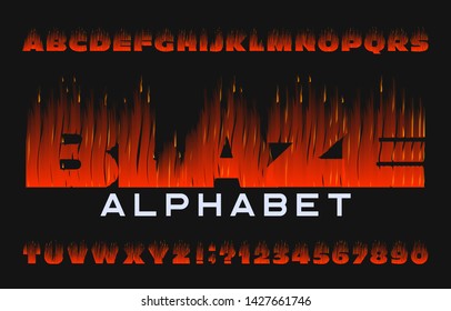 Blaze alphabet font. Flame effect type letters and numbers on dark background. Stock vector typeface for your design.