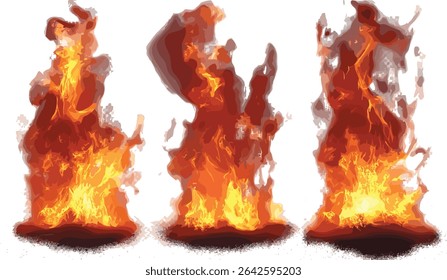 Formes de flamme de flamme, collection d'Image vectorielle, feu flamboyant, formes de flamme isolées, collection de flamme, conception de feu vibrant, illustration, effets de chaleur, graphismes flamboyants.