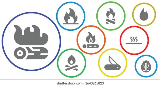 blaze icon set. 9 filled blaze icons.  Simple modern icons such as: Campfire, Fire, Bonfire, Jackknife, Hot