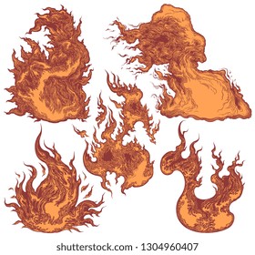 Blaze lights. Design set. Hand drawn engraving. Editable vector vintage illustration. Isolated on white background. 8 EPS