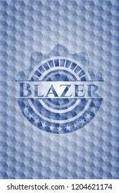 Blazer blue emblem with geometric background.