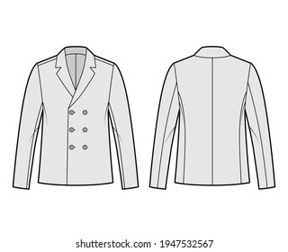 Blazer coat technical fashion illustration with long sleeves, fingertip length, notched shawl collar, oversized body, double breasted. Flat jacket template front, back, grey color. Women, men top CAD