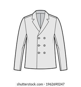 Blazer coat technical fashion illustration with long sleeves, fingertip length, notched shawl collar, oversized body. Flat jacket template front, grey color style. Women, men, unisex top CAD mockup