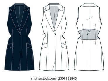 Ilustración técnica de moda de Blazer Dress. Cutout Mini Dress Jacket de moda planas de dibujo técnico, ajuste delgado, sin mangas, solapa de pico, frontal, retrovista, blanco, negro, mujeres CAD conjunto de maquillaje.